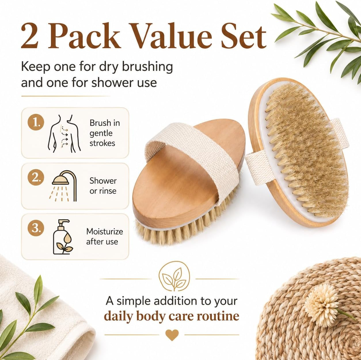 Dry Body Brush 2 Pack, Natural Boar Bristle Exfoliating Body Brush for Dry Brushing, Handheld Shower Brush Scrubber with Wooden Handle & Cotton Strap, Skin Exfoliator Brush for Women and Men