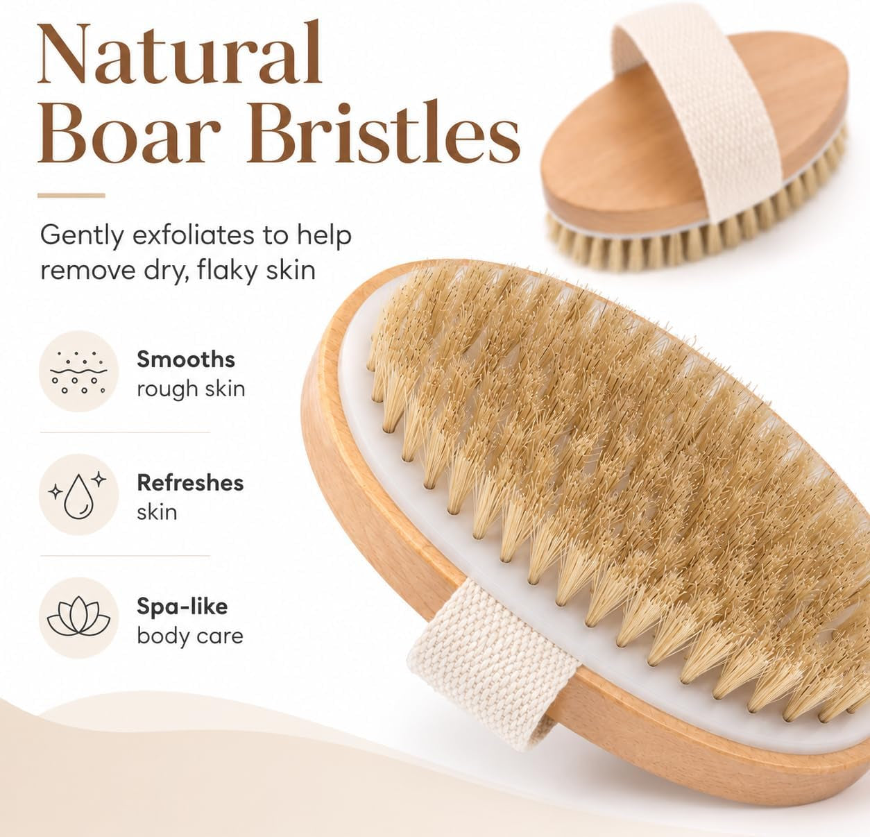 Dry Body Brush 2 Pack, Natural Boar Bristle Exfoliating Body Brush for Dry Brushing, Handheld Shower Brush Scrubber with Wooden Handle & Cotton Strap, Skin Exfoliator Brush for Women and Men