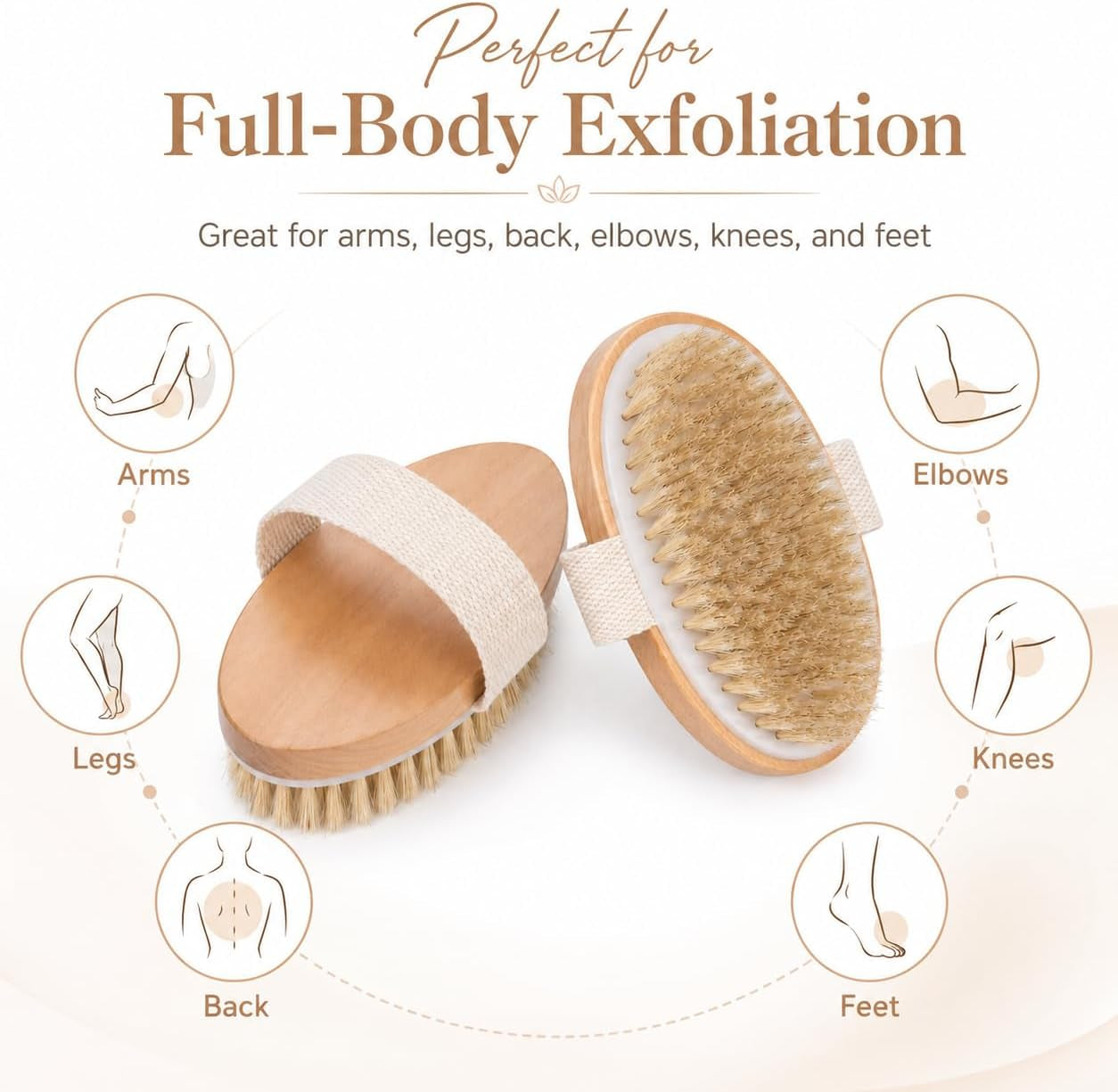 Dry Body Brush 2 Pack, Natural Boar Bristle Exfoliating Body Brush for Dry Brushing, Handheld Shower Brush Scrubber with Wooden Handle & Cotton Strap, Skin Exfoliator Brush for Women and Men