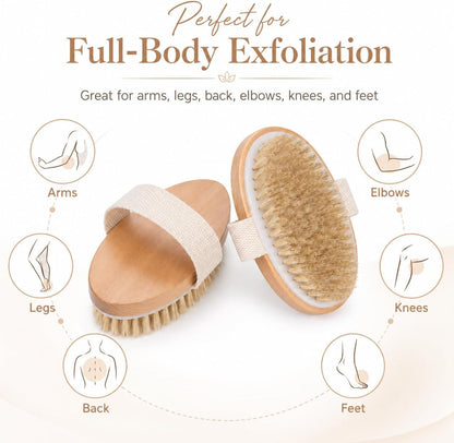 Dry Body Brush 2 Pack, Natural Boar Bristle Exfoliating Body Brush for Dry Brushing, Handheld Shower Brush Scrubber with Wooden Handle & Cotton Strap, Skin Exfoliator Brush for Women and Men