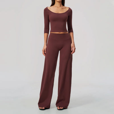 Yoga Sets Women Gym Clothes 2 Piece Long Sleeves Top and Wide-Leg Trousers Fashion Sport Outfit Fitness Suit Sportwear