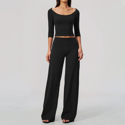 Yoga Sets Women Gym Clothes 2 Piece Long Sleeves Top and Wide-Leg Trousers Fashion Sport Outfit Fitness Suit Sportwear