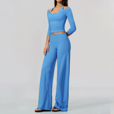 Yoga Sets Women Gym Clothes 2 Piece Long Sleeves Top and Wide-Leg Trousers Fashion Sport Outfit Fitness Suit Sportwear