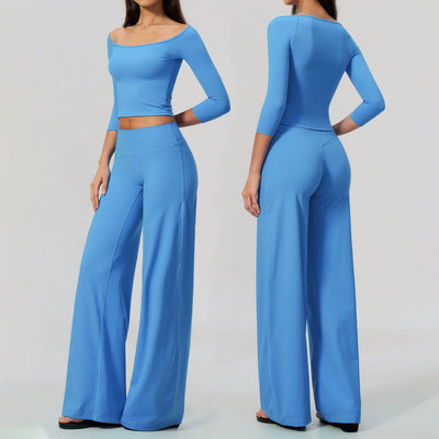 Yoga Sets Women Gym Clothes 2 Piece Long Sleeves Top and Wide-Leg Trousers Fashion Sport Outfit Fitness Suit Sportwear