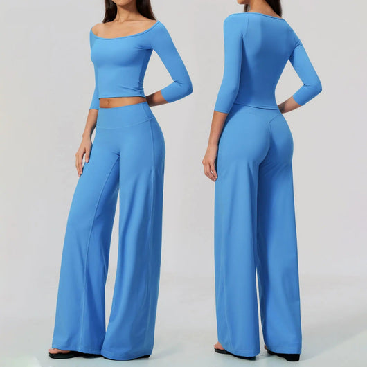 Yoga Sets Women Gym Clothes 2 Piece Long Sleeves Top and Wide-Leg Trousers Fashion Sport Outfit Fitness Suit Sportwear