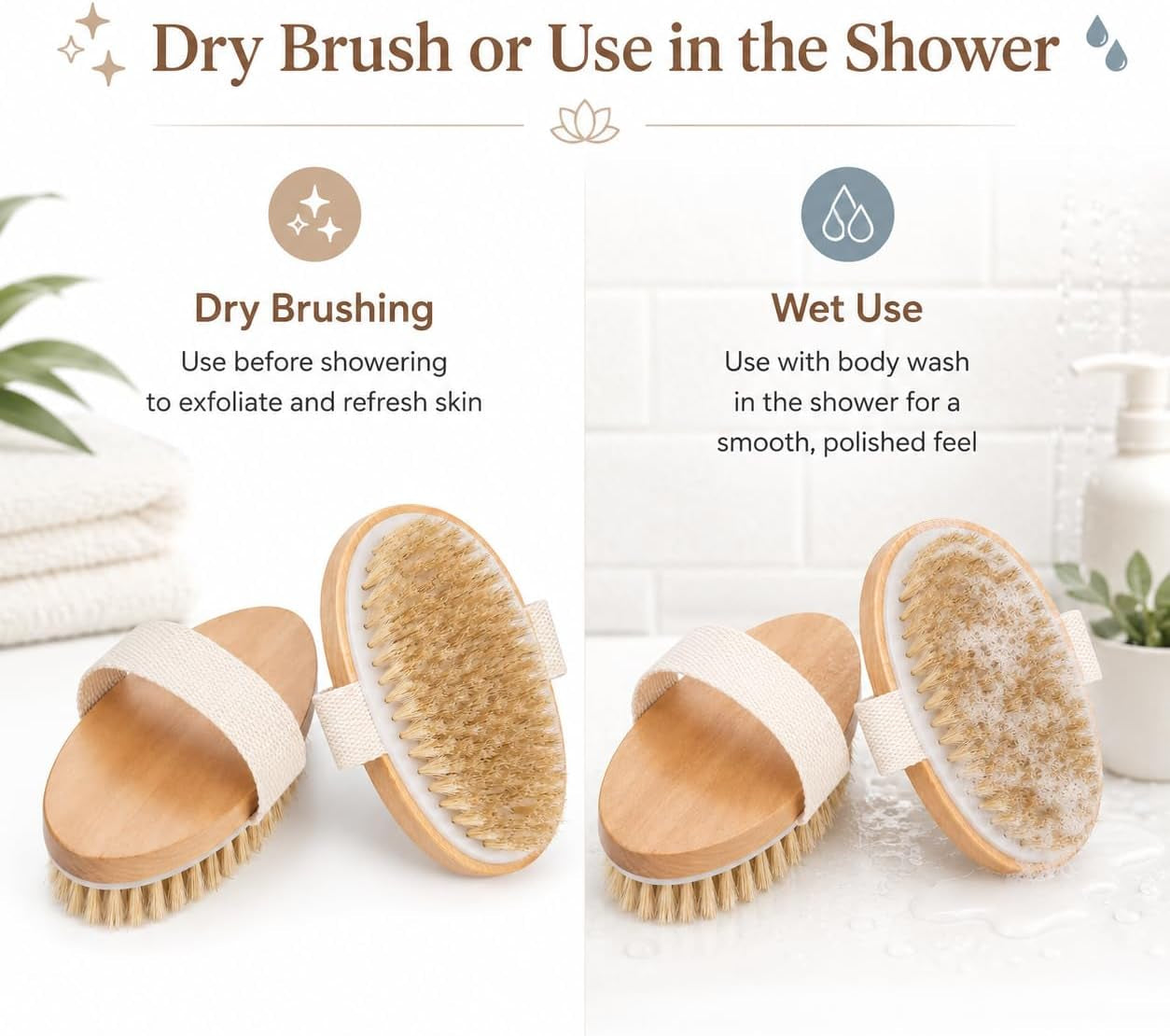 Dry Body Brush 2 Pack, Natural Boar Bristle Exfoliating Body Brush for Dry Brushing, Handheld Shower Brush Scrubber with Wooden Handle & Cotton Strap, Skin Exfoliator Brush for Women and Men