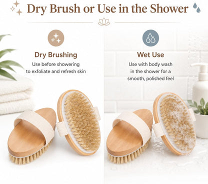 Dry Body Brush 2 Pack, Natural Boar Bristle Exfoliating Body Brush for Dry Brushing, Handheld Shower Brush Scrubber with Wooden Handle & Cotton Strap, Skin Exfoliator Brush for Women and Men