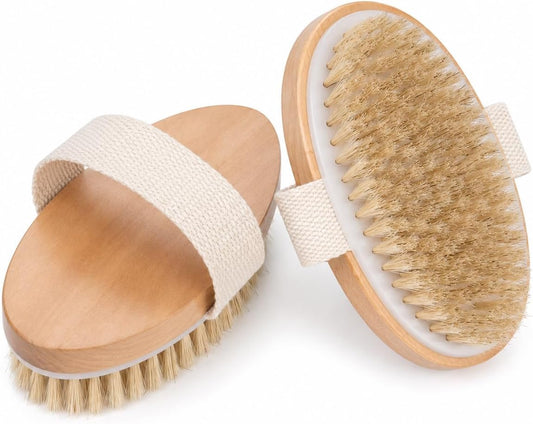 Dry Body Brush 2 Pack, Natural Boar Bristle Exfoliating Body Brush for Dry Brushing, Handheld Shower Brush Scrubber with Wooden Handle & Cotton Strap, Skin Exfoliator Brush for Women and Men